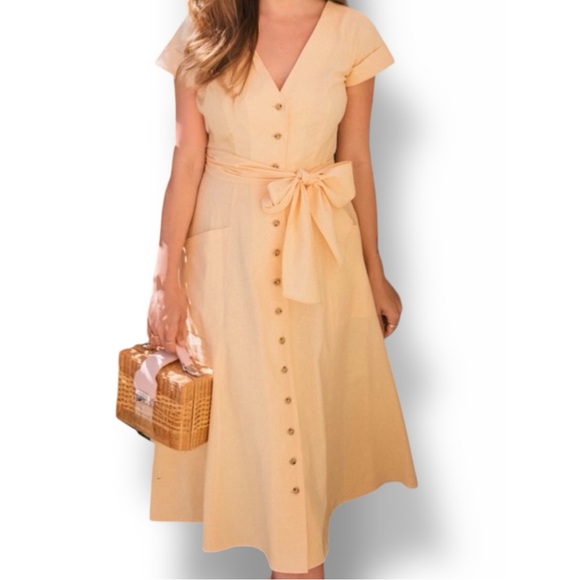 Gal Meets Glam Dresses & Skirts - Gal Meets Glam Women 8  Light Yellow Linen Cottage Core Fit & Flare Midi Dress